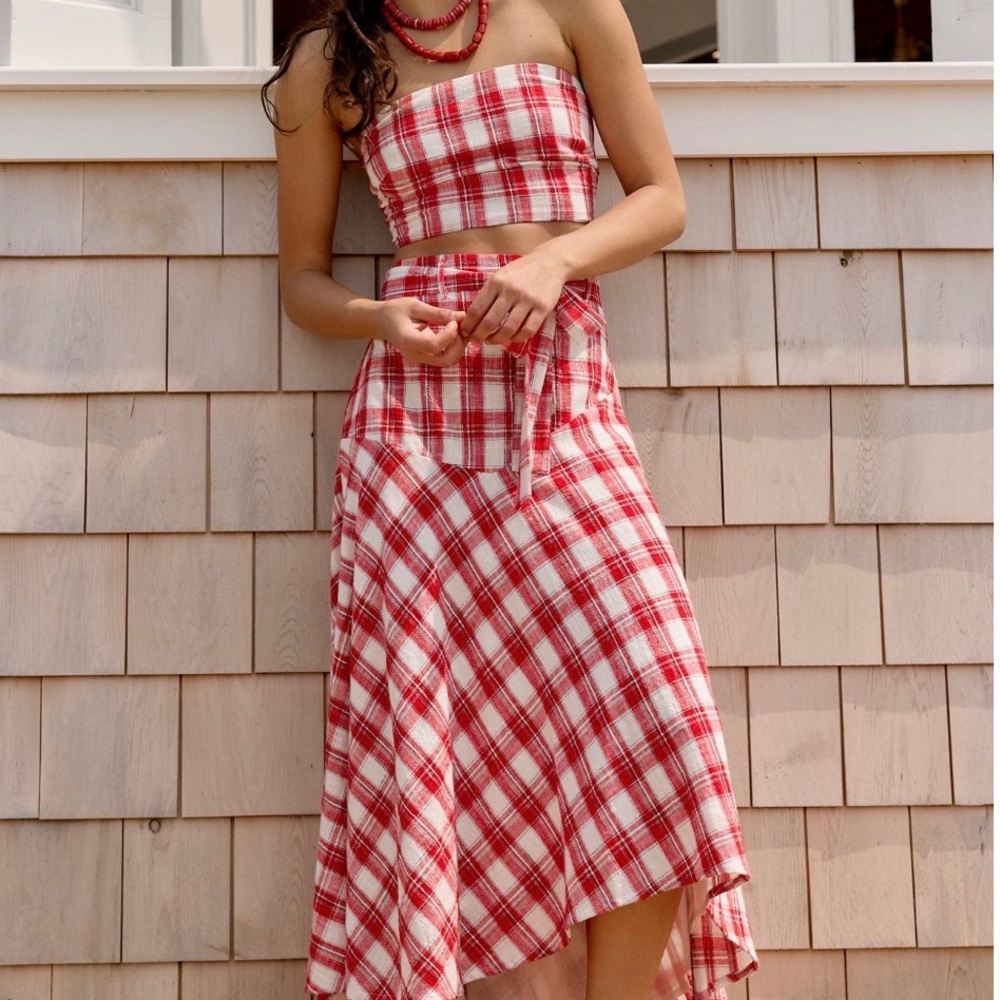 Free People Red and White Plaid Strapless Dress
